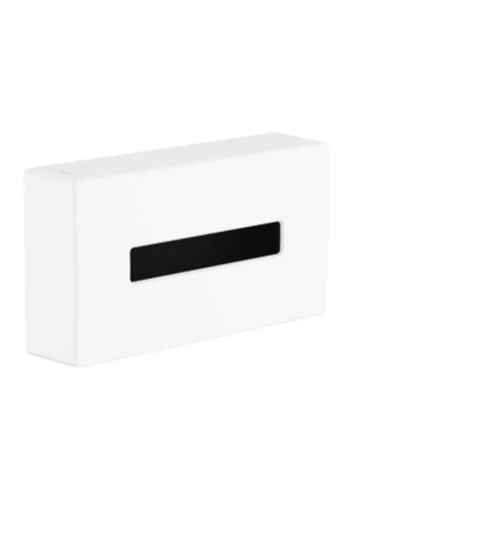 Weißer Kosmetiktuchspender mit rechteckigem Design und schmaler Frontöffnung, ideal für Badezimmer oder Pflegebereiche. Produkt von Hansgrohe.